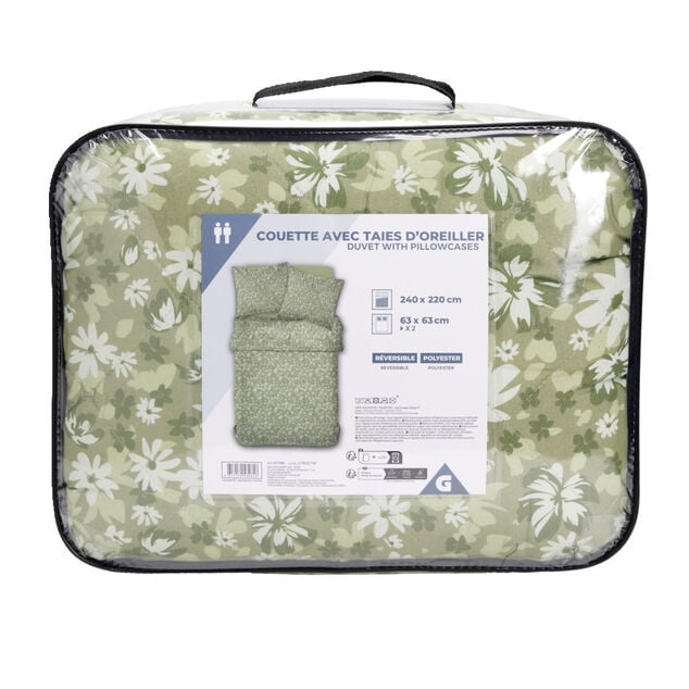 Couette 2 personnes 240x220cm avec 2 taies d'oreiller polyester motif floral vert