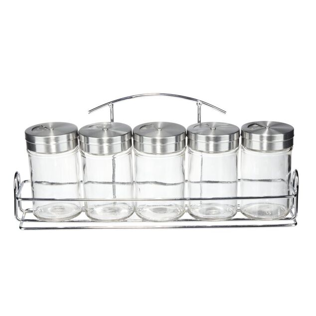 Pot &agrave; &eacute;pices verre couvercle inox x5 avec support m&eacute;tallique 26x5,5xH11,5cm