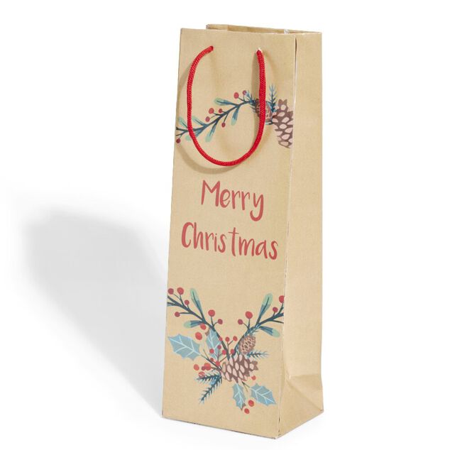 Sac bouteille Noël papier recyclé marron 12x8,5xH35cm (3 modèles)