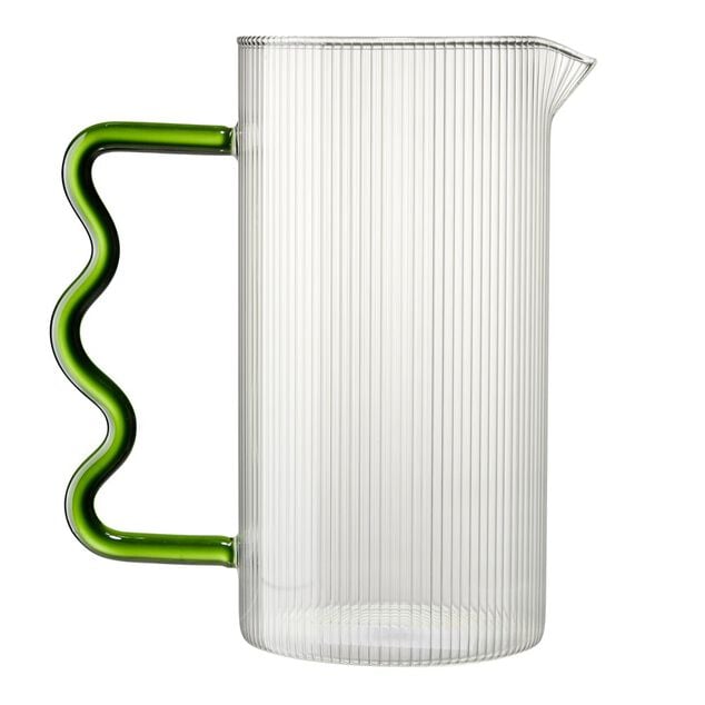 Carafe en verre transparent avec anse ondul&eacute;e organique verte &Oslash;10xH19,5cm