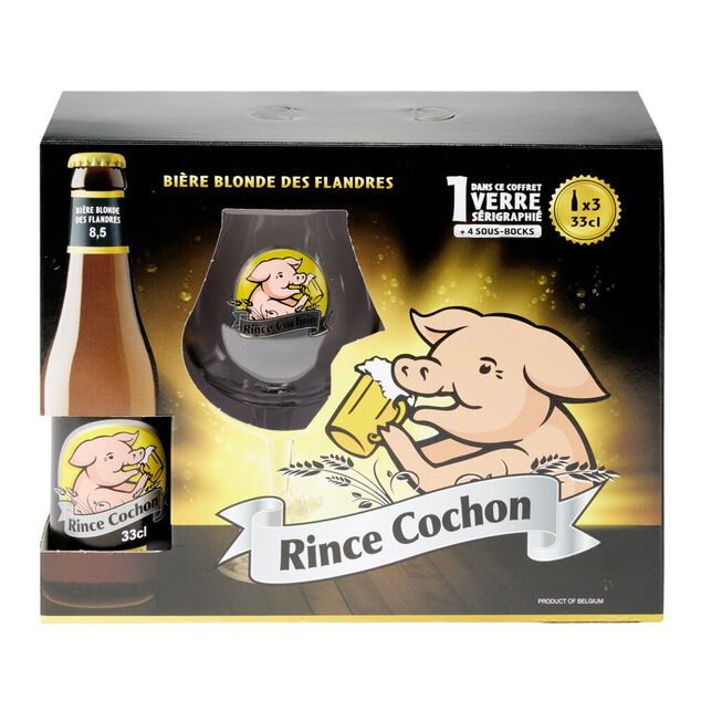 Bi&egrave;re blonde Rince Cochon 8,5% 3x33cl avec 1 verre s&eacute;rigraphi&eacute; et 4 sous-verres