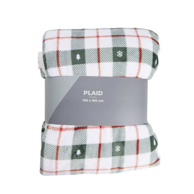 Plaid pilou pilou sherpa blanc motif tartan vert 120x150cm