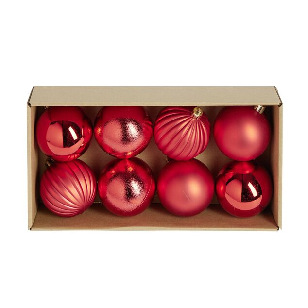 Boule de Noël plastique rouge x8 forme assortie Ø9cm