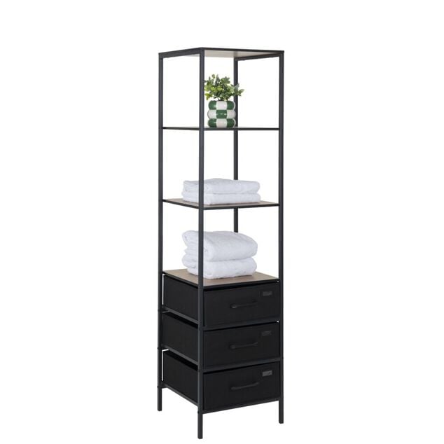 Colonne de rangement salle de bain 3 &eacute;tag&egrave;res 3 tiroirs m&eacute;tal noir 40x40xH167cm