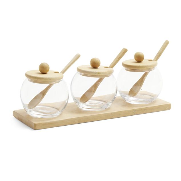 Support en bambou avec 3 bocaux 250ml et 3 cuill&egrave;res 29x10xH8cm