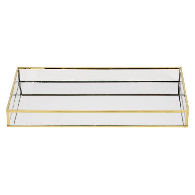 Plateau d&eacute;co rectangulaire verre et contours fer L16X34XH4 cm (2 mod&egrave;les dor&eacute; ou argent&eacute;)
