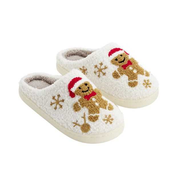 Chaussons femme molleton motif bonhomme pain d'épices blanc et marron (3 tailles)