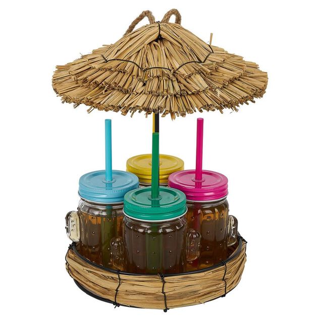 Lot de 4 gobelets &agrave; paille 260ml forme cactus dans d&eacute;cor estival