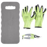 Set outils jardinage x3 coussin, gants, s&eacute;cateur m&eacute;tal et plastique bleu et vert