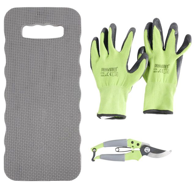 Set outils jardinage x3 coussin, gants, s&eacute;cateur m&eacute;tal et plastique bleu et vert