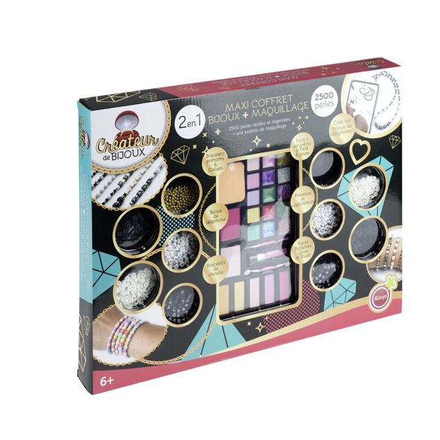 Coffret maxi 2en1 fabrique à bijoux perles et maquillage 36x47cm