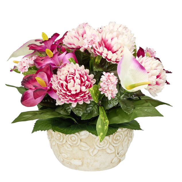 Vasque ciment chrysanth&egrave;mes arums orchid&eacute;es mini fleurs &Oslash;40xH30cm (3 mod&egrave;les)