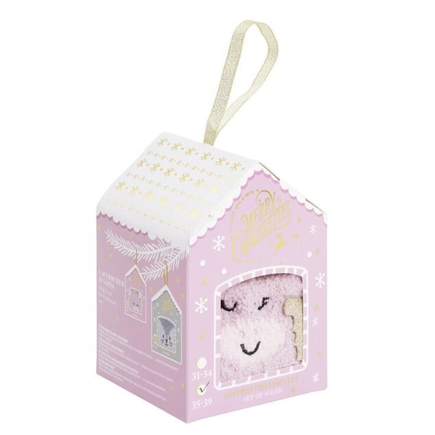 Coffret cadeau chaussettes cocooning licorne No&euml;l rose et dor&eacute; (31/34 ou 35/39)