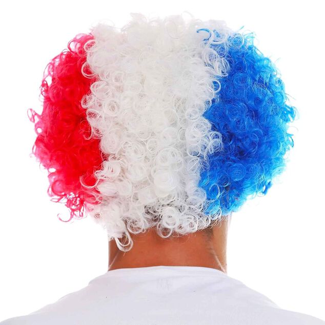 Perruque adulte Cocorico bleu blanc rouge boucl&eacute;e