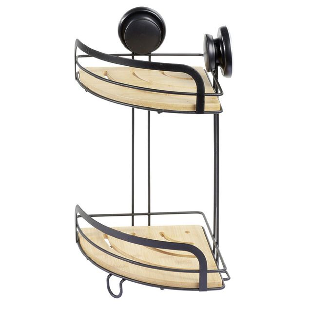 Serviteur de douche d'angle 2 niveaux bambou et m&eacute;tal noir