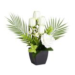 Composition florale artificielle roses et tulipes blanches pot 20x18xH34cm