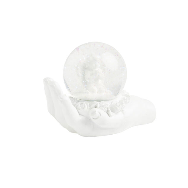 Main polyr&eacute;sine blanche avec boule de neige ange &agrave; poser &Oslash;6,5cm