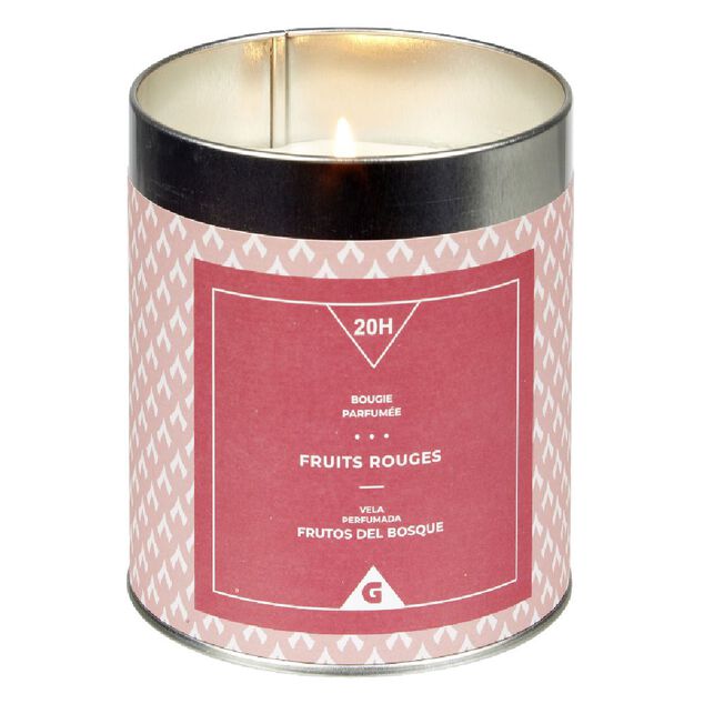 Bougie parfum&eacute;e dans pot en m&eacute;tal senteur fruits rouges 20H