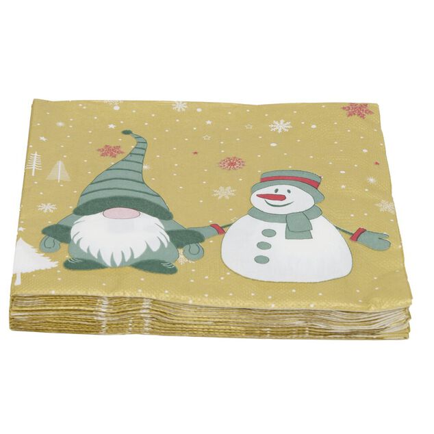 Serviette en papier 4 plis X20 pcs imprim&eacute; bonhomme de neige et lutin de No&euml;l 33X33 cm dor&eacute;