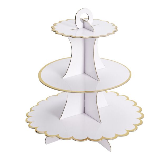 Pr&eacute;sentoir &agrave; g&acirc;teau carton blanc rebord dor&eacute; &Oslash;30xH32,5cm