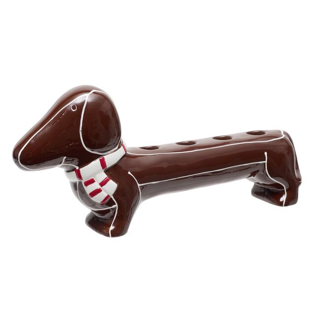 Bougeoir 4 bougies forme teckel avec &eacute;charpe c&eacute;ramique L35X6XH16 cm marron