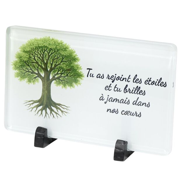 Plaque fun&eacute;raire inscription arbre de vie verre blanc pied m&eacute;tal 20x8,3xH12,5cm