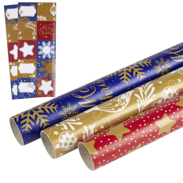 Papier cadeau Noël rouleau x3 avec 20 étiquettes autocollantes fantasia