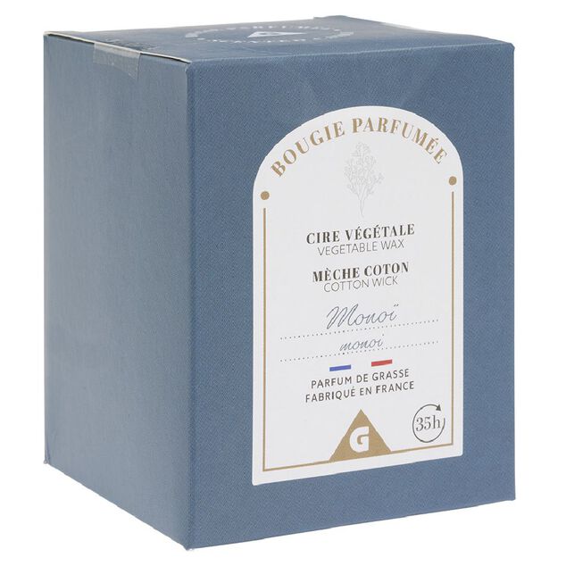 Bougie bleue dans verre senteur mono&iuml; &Oslash;7xH8cm