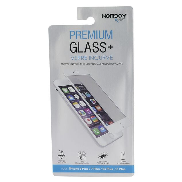 Verre tremp&eacute; incurv&eacute; pour Iphone 6 Plus, 6S Plus, 7 Plus et 8 Plus transparent et blanc