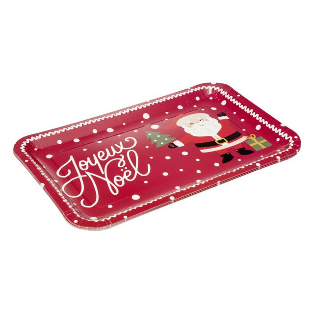 Plateau rectangulaire inscription Joyeux No&euml;l et P&egrave;re No&euml;l L30X19XH1,5 cm papier rouge