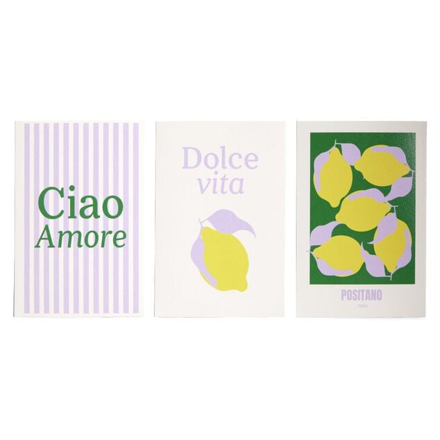 Lot de 3 affiches papier violet jaune et vert 10x15cm