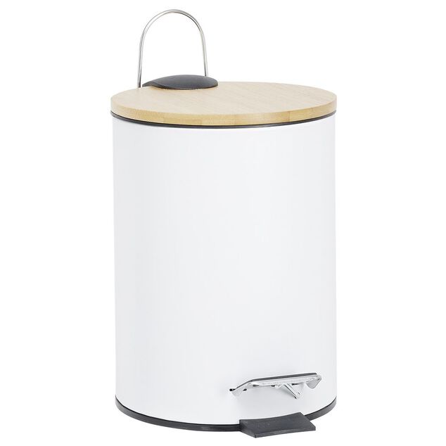 Poubelle salle de bain m&eacute;tal et bambou blanc