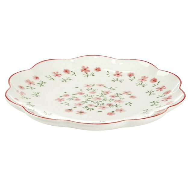 Assiette &agrave; dessert ronde Feston porcelaine blanche motif floral rose &Oslash;22cm
