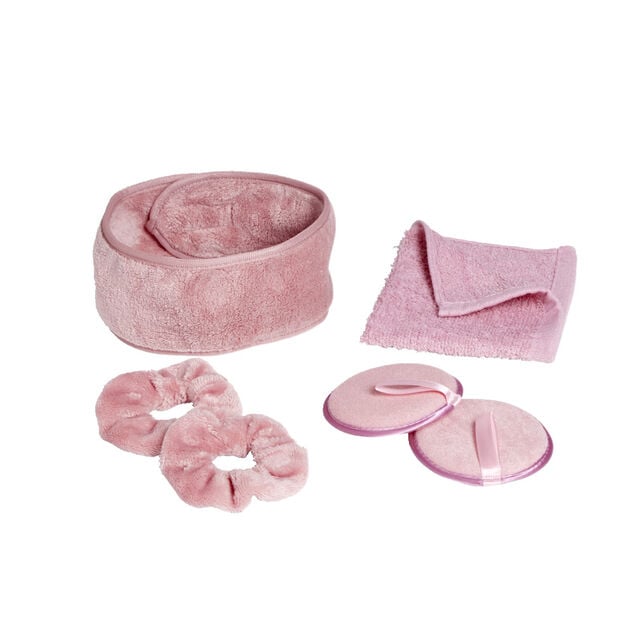 Set de bain femme avec serviette/disque d&eacute;maquillant/chouchou/bandeau