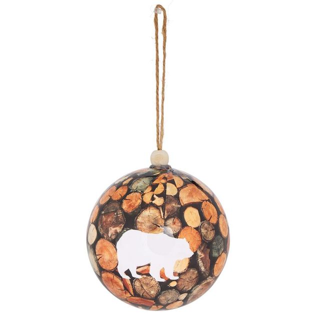 Boule de Noël champêtre motif ours et rondin marron Ø12cm