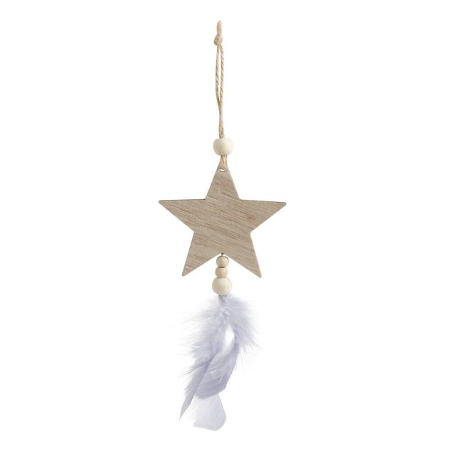 Suspension &Eacute;toile en bois d&eacute;cor plumes gris naturel