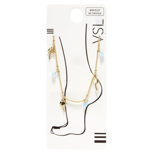 Cha&icirc;ne de cheville dor&eacute;e 1 rang avec pendentifs perles et palmiers