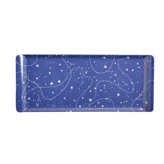 Plateau de service rectangulaire mélaminé bleu motif astral 18x37,5cm