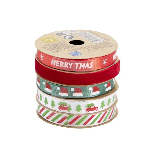 Ruban No&euml;l x5 en tissu th&egrave;me traditionnel rouge vert blanc 2m