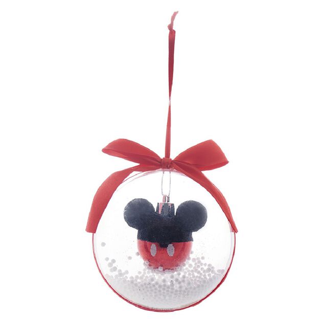 Boule de No&euml;l Disney transparente ruban et billes avec t&ecirc;te de Mickey