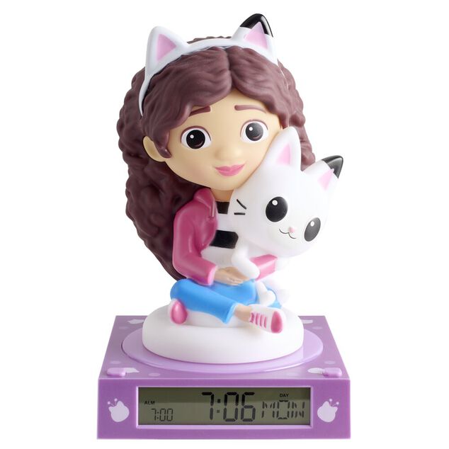 Lampe 3D r&eacute;veil Gabby et son chat avec affichage date violet 13x13xH15cm