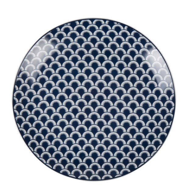 Assiette &agrave; dessert bleu fonc&eacute; et blanc motif vague seigaiha &Oslash;19cm