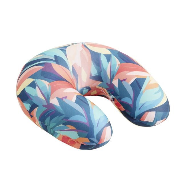 Coussin de voyage microbilles support nuque ergonomique tropical 28x28cm