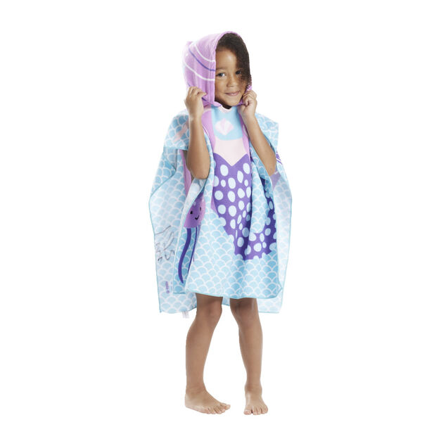 Poncho sortie de plage enfant avec capuche motif sir&egrave;ne bleu 60x60xH120cm