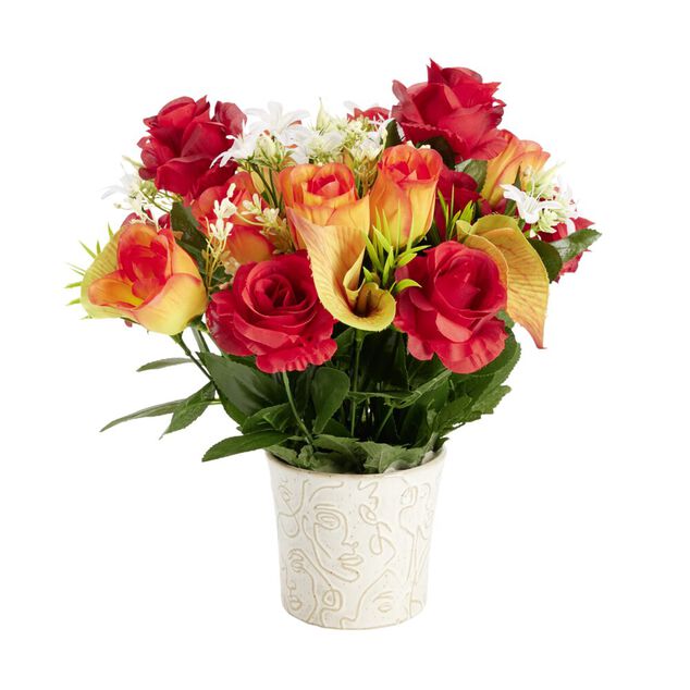 Composition florale artificielle roses et arums rouges orange dans pot H35cm
