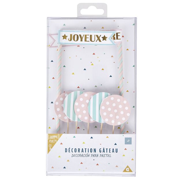 Décoration gâteau Joyeux anniversaire et ballons roses et bleus