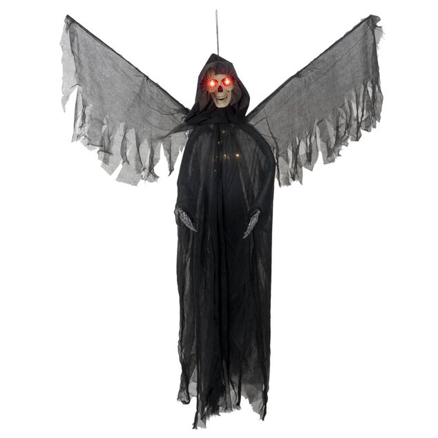 Squelette volant &agrave; suspendre lumineux noir yeux rouges 120xH170cm