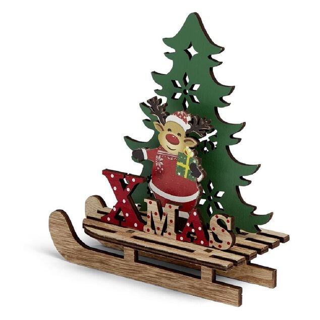 D&eacute;coration No&euml;l &agrave; poser en bois luge avec P&egrave;re No&euml;l ou renne H19cm