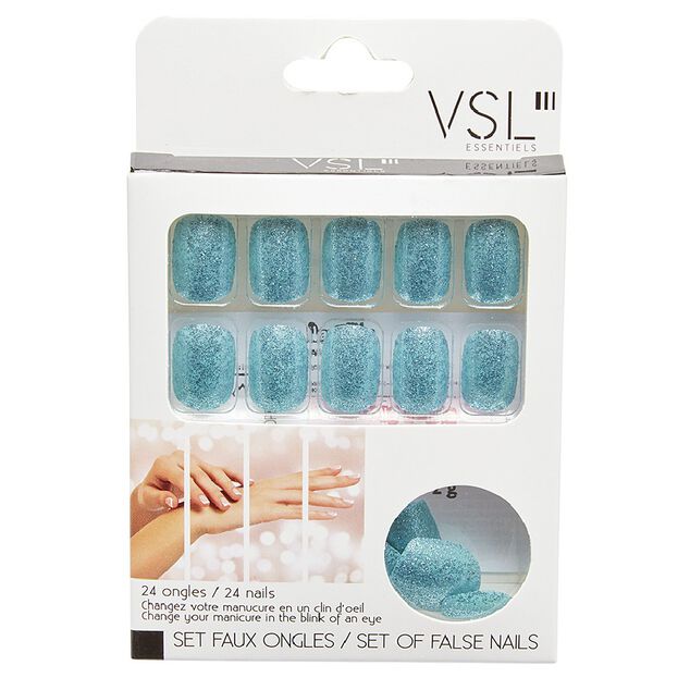 Kit faux ongles paillet&eacute;s bleus 24 pi&egrave;ces