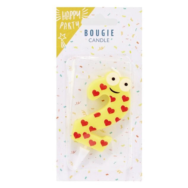Bougie chiffre 2 cire personnage coeurs jaune et rouge H8,5cm